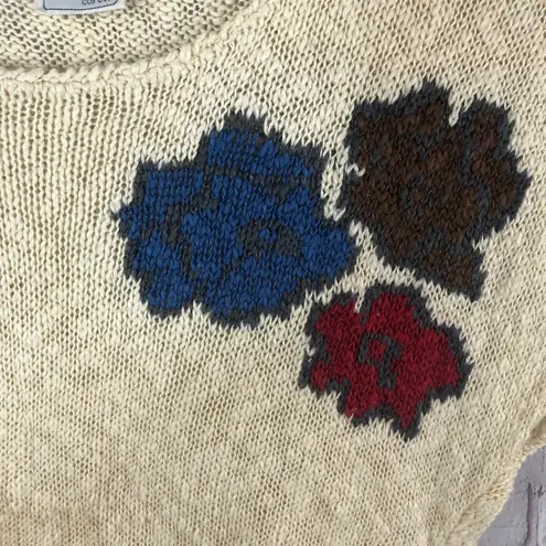 Vintage Short Sleeve Floral Accent Sweater Medium White