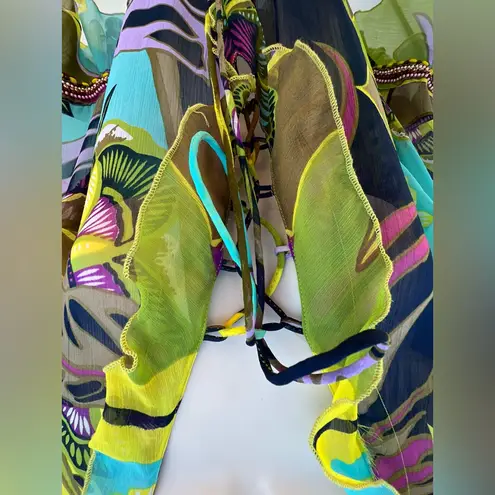 Adrienne Women's Medium Multi color Semi Sheer Ruffle Bell Sleeve Side Tie Top