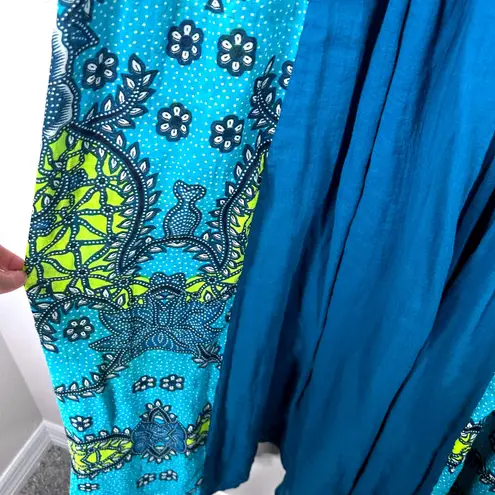 French Connection  Strapless Tube Top Smocked Sundress Teal Blue Green Print Boho