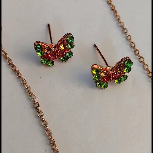 Crystal Rhinestone Butterfly Necklace Earrings Set Pink