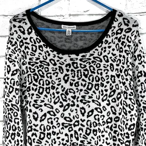 Nina Leonard Leopard Print Long Sleeve Knit Sweater Dress Size L