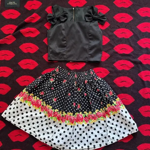 Bonne Chance Collections Retro Black White Bow Polka Dot Roses Top Skirt 2 Piece S