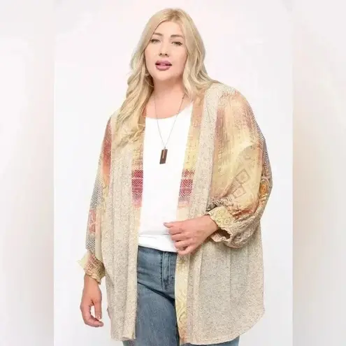Solid Knit & Chiffon Mixed Cardigan Oatmeal color boho lightweight cardigan