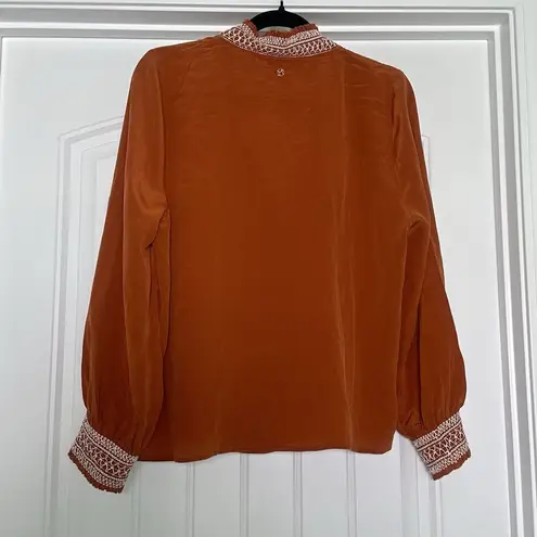 Marie Oliver Large Rust Burnt Orange Silk Blouse Peasant Top Embroidered Boho - Image 4