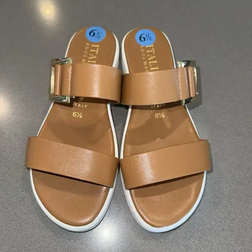 Italian Shoemakers Womans Leather Sandals Sz 6.5 Cognac Brown Slip On Made Italy