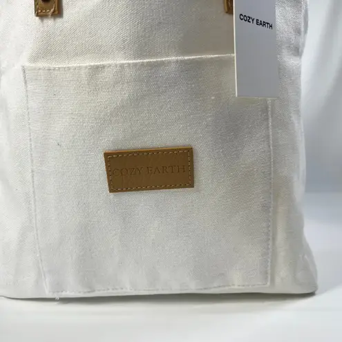 Cozy Earth Canvas Tote Bag White NWT Zip Top Faux Leather Straps Eco Travel
