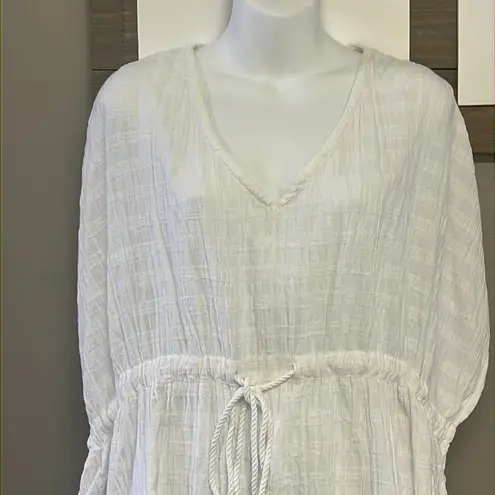 Aerie  White Striped Oversized Drawstring Beach/Pool V-Neck Coverup w/ Slits-XS-S