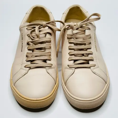 Saint Laurent Women’s Andy Beige Cream Leather Round Toe Trainers Sneakers