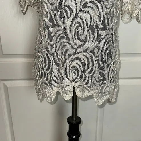 VTG 80s PEARL BEADED LACE SHEER BLOUSE Size M