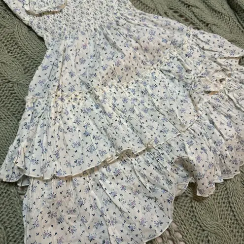 CB Positano Blue Floral Smocked Lacrosse Tie Detail Dress