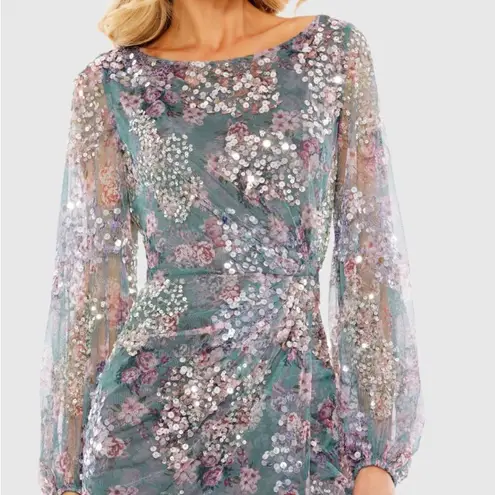 Mac Duggal 93750 Womens Embellished Illusion Long Sleeve Faux Wrap Gown Dress