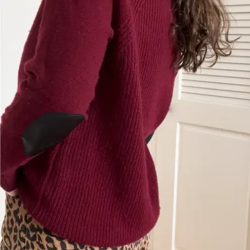 J.Crew  Cable Knit Crew Neck Wool Leather Patch Sweater Maroon Red Size Small