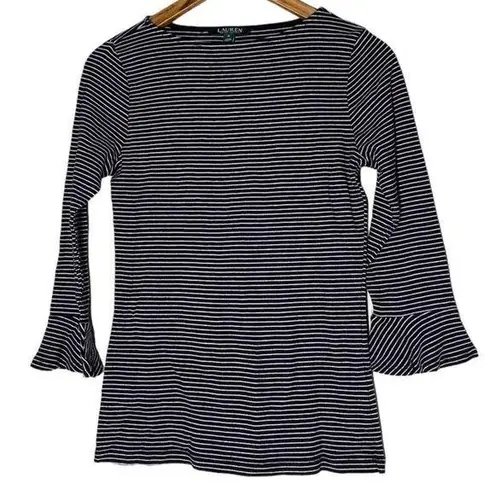Lauren RL Black White Stripe Crew Neck Tunic Top Womens Size M 3/4 Bell Sleeve Size M