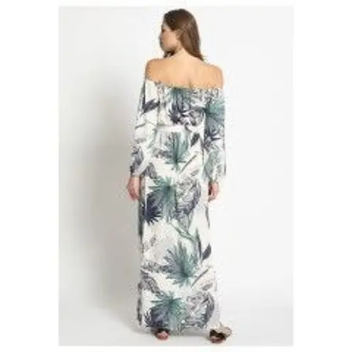 Sans Souci NEW Boho Tropical Palm Print Off Shoulder Maxi Dress 3/4 Sleeve TieWaist S White