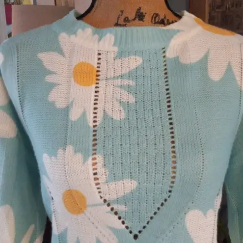 Miss Sparkling Aqua Blue & White Daisy Print Openwork Pull Over Sweater Size M