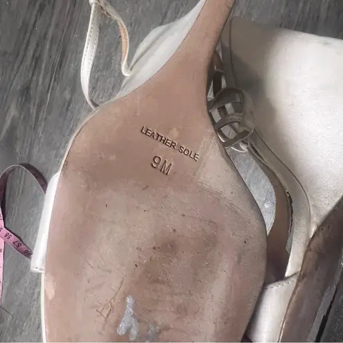 Badgley Mischka ivory satin rhinestone wedged heels