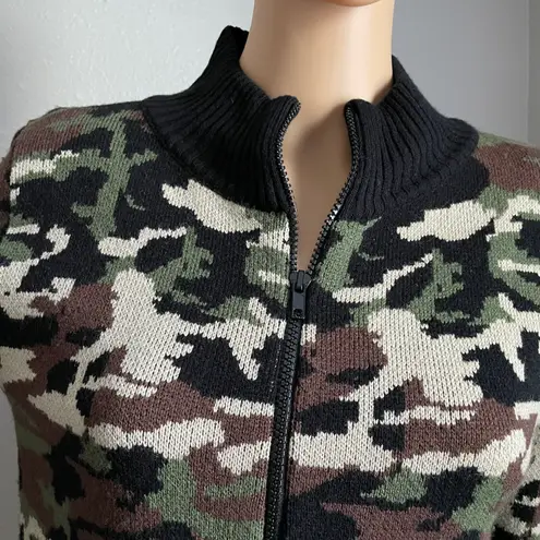 SML Sport Camouflage Double Zipper Sweater Small Green Brown Black Cream