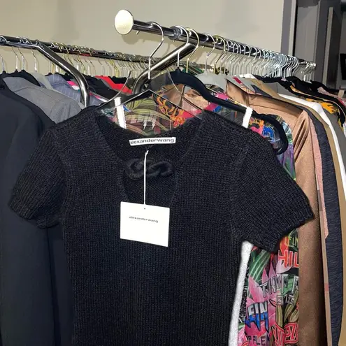 Alexander Wang Black Alpaca Rope-Detail Fuzzy Short Sleeve Mini Sweater Dress