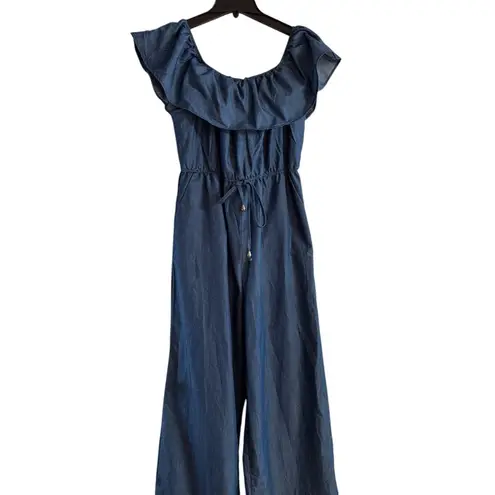 Blue Ruffle Neckline Jumpsuit with Adjustable Waist Size XXL