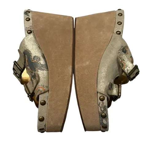 Rare Vtg Bridget Platform Wedge Leather Sandals Dragon Tattoo Print, Sz 9 Gold