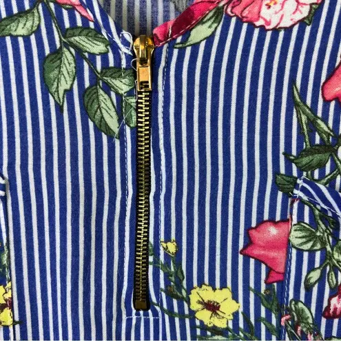Scarlett Plus 2X 1/4 Zip V-Neck Floral Blue White Striped Tunic w/Tabbed…