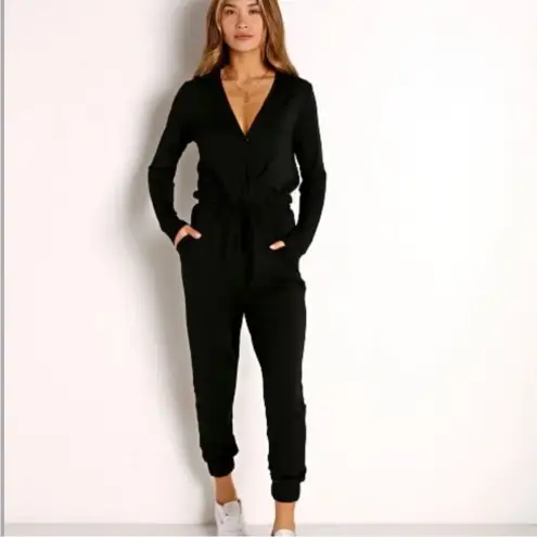 Beyond Yoga Black Overlapping Long Sleeve Fleece Jumpsuit Large