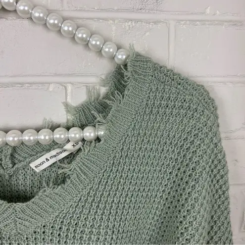 The Moon  & Madison Seafoam Sage Green Cropped Raw Hem Knit Sweater Size XS