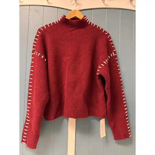 CriMMENSE Mock Neck Sweater Ribbed Knit Pullover Burgundy White Stitch M/L Red Size M