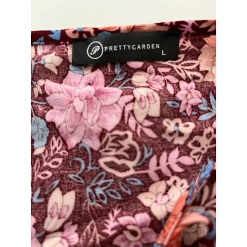 Pretty Garden Boho Cottagecore Blouse Large Pink Floral Tie Neck Peasant Top