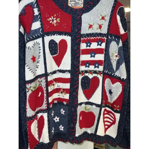Heirloom Collectibles Patriotic Cardigan Sweater Stars Stripes Hearts Large 2002