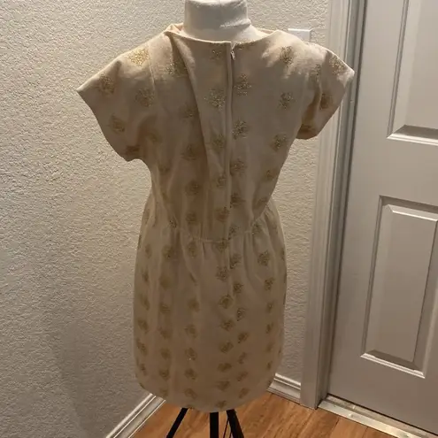 R & K Originals Vintage Short Cap Sleeve Midi Dress Tan & Gold Threaded Sz Small