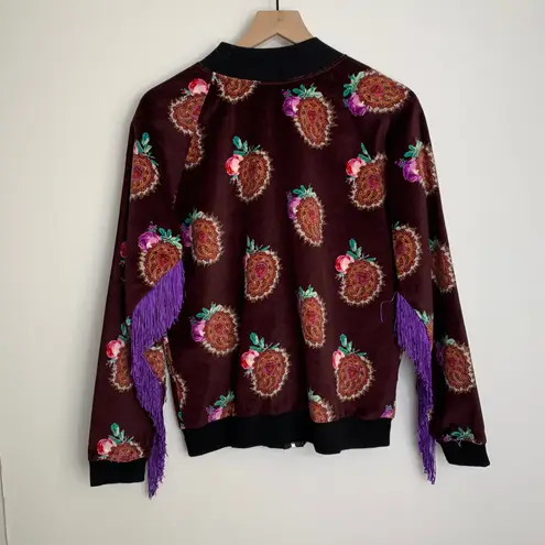 Moon & Nomad Mixed Emotions Velvet Bomber Jacket Burgundy Purple Fringe Medium