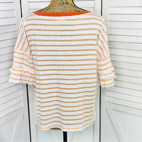 Hem & Thread Striped Slub Knit Short Ruffle Sleeve T-shirt White Orange Large