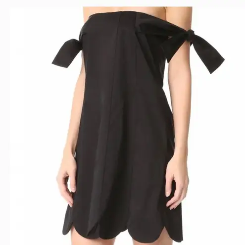 Zac Posen Isla Black Poplin Cotton Off Shoulder Scalloped Hem Mini Dress Size 8