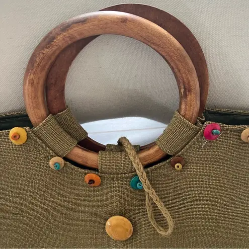 Unbranded bohemian round wooden handles Boho straw wooded beaded tote bag