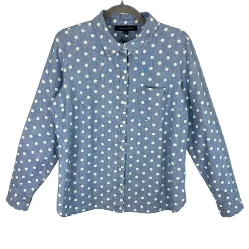 Tommy Hilfiger  Blue Long Roll Tab Sleeve Collared Button Up White Polka Dots M