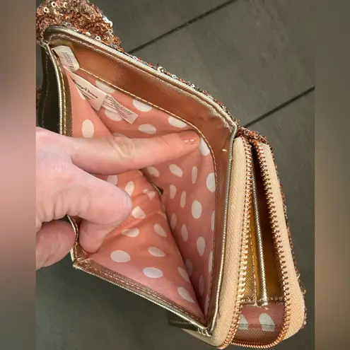 Lounge Fly Disney Rose gold sequin Minnie M backpack matching wallet & ears NWT