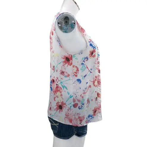Elle MEDIUM White Pink Floral Chiffon Pleated Scoop Neck Sleeveless Top Blouse