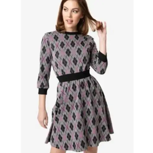 Unique Vintage Adorable Purple & Pink Argyle Sweater Dress women plus size 1X