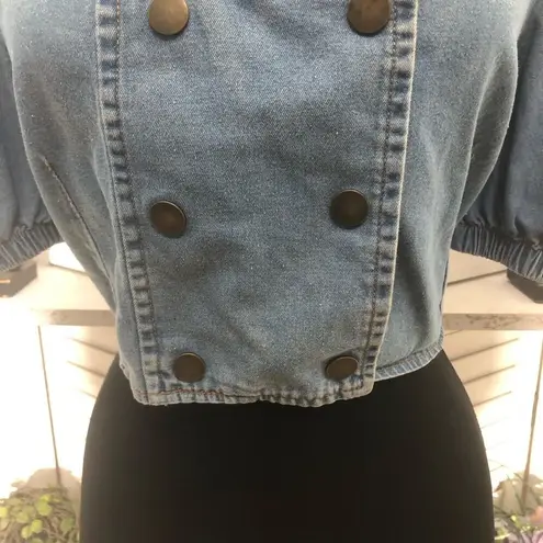 Cenzo Denim Cropped Top Puff Sleeve Light Blue