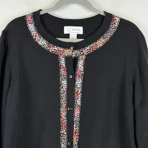 Christopher & Banks Christopher & Banks Cardigan Women's 1X Black Floral Trim Button Front Sweater