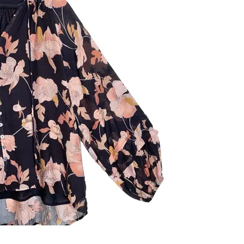 FATE. Black/Pink Floral Print Button Front Balloon Sleeve Blouse