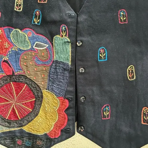 Boho Elephant Embroidered Vest | Vintage Kāra•vān | Folk Art India | Size M Black Size M