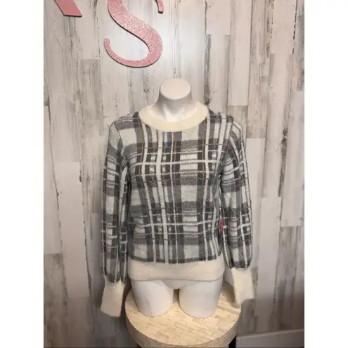 Evereve Plaid Fuzzy Knit Sweater XS Gray Cream Soft Warm Cozy