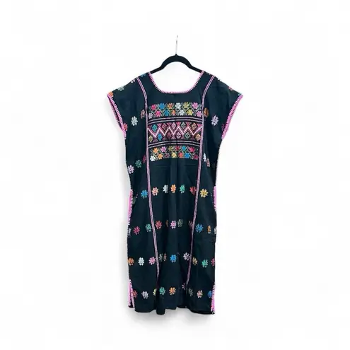Mi Golondrina Black multicolor Shift Kaftan Huipil Tunic Dress Size Medium