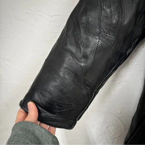 Vintage Black Leather Patchwork Trench Coat Womens M Goth No Belt Damaged Size M