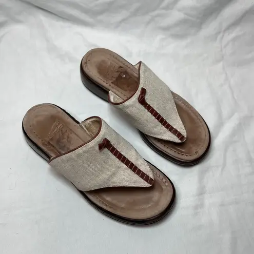 Dansko Khaki Tan Brown Leather And Canvas Thong Toe Slide Sandals 39