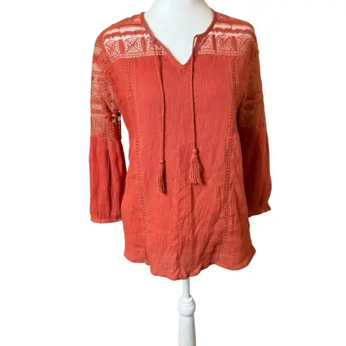 Garnet Hill Rust Orange Lace Shoulder Poet Blouse Size 2 Boho Bohemian Peasant