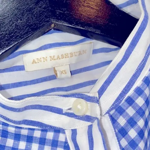 Ann Mashburn blue & white checkered striped top linen blend size xsmall