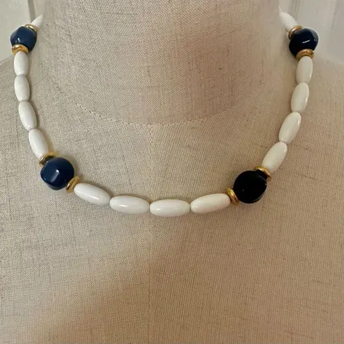 Trifari vintage white and navy blue beaded barrel necklace